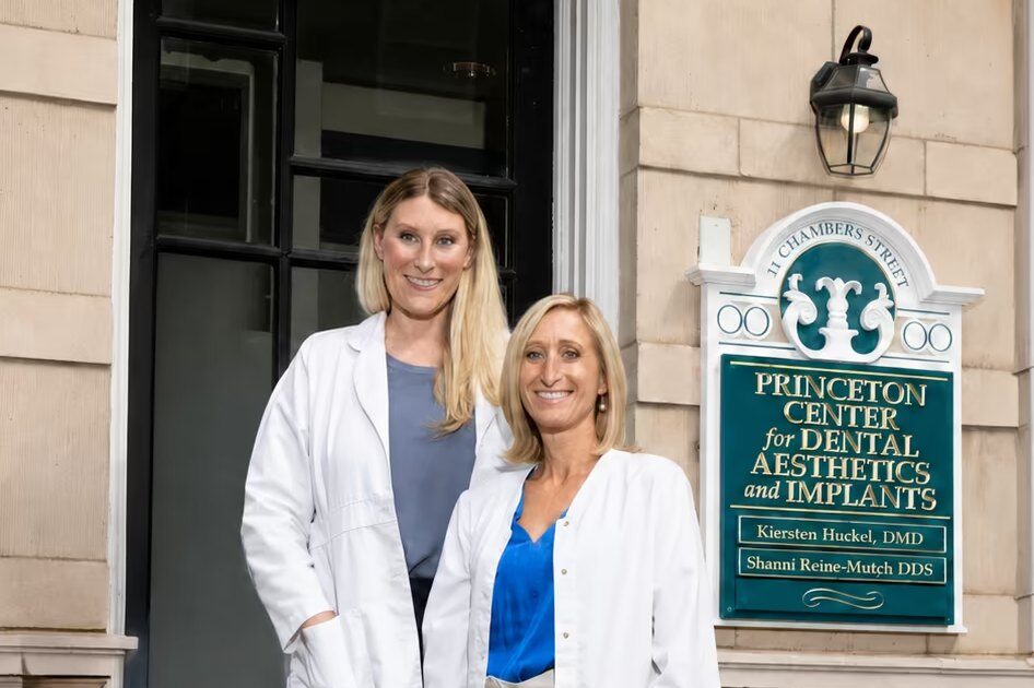 Dr. Kiersten Huckel and Dr. Shanni Reine-Mutch at the practice entrance in Princeton, NJ