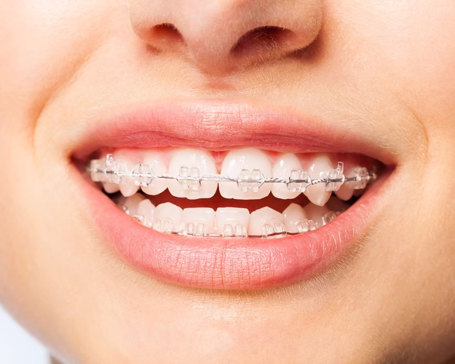 A close-up smile wearing clear ceramic braces